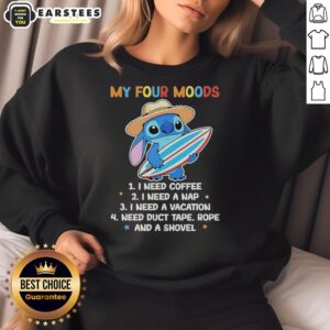 Cute Stitch sweatshirt featuring four moods: I need coffee, a nap, a vacation - perfect for cozy fashion lovers.
