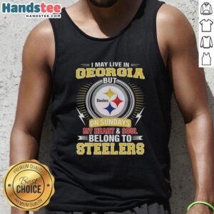 Pittsburgh Steelers tank top with slogan 'I may live in Georgia on Sundays, my heart belongs to Steelers' design.