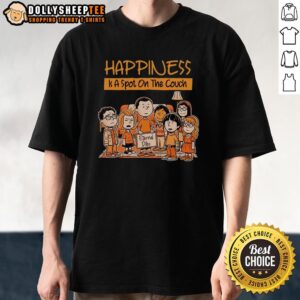Alt Text: Good Happiness Is A Spot On The Couch Eternal Dibs T-Shirt featuring a cozy couch design and cheerful typography.
