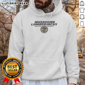 Alt Text: Top Muskegon Lumberjacks NHL cogwheel logo hoodie in black, showcasing team spirit and style for hockey fans.