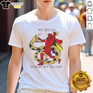 Official We Tread Where We Please Thor And Jrmungandr T-Shirt featuring striking Norse mythology design and vibrant colors.