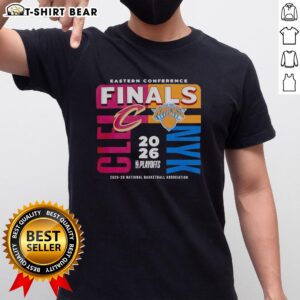 Alt Text: Awesome 2025-26 Eastern Conference Finals NBA Cleveland Cavaliers vs New York Knicks T-Shirt design featuring team logos.