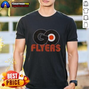 Alt Text: Good Philadelphia Flyers Ice Hockey 'Let's Go Flyers' logo T-shirt showcasing team spirit and fan apparel.