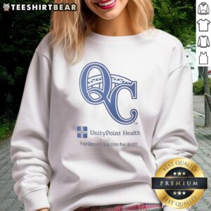 Alt Text: Pretty UnityPoint Health sweatshirt showcasing pride as a sponsor of the Quad Cities River Bandits.