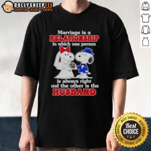 Alt Text: Funny Snoopy marriage joke T-shirt for couples: One person always right, perfect gift for husbands and wives.