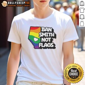 Danielle Smith political slogans T-shirt featuring 'Nice Ban Smith Not Flags' design in bold colors.
