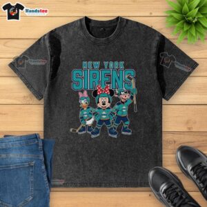 Alt Text: Cartoon team logo on a washed t-shirt featuring Nice New York Sirens ice hockey design, perfect for fans.