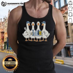 Group of geese wearing funny tank tops for Father's Day celebration, perfect for a lighthearted gift idea.