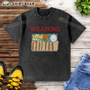 Alt Text: Official Weapons Fast Foods Hot Dog Cookies Chips washed t-shirt featuring vibrant graphics and playful design.