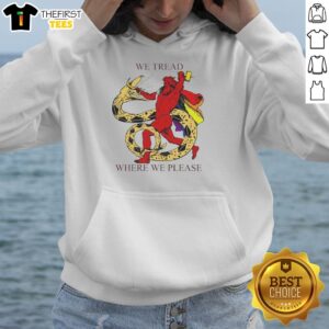 Official We Tread Where We Please Thor and Jormungandr Hoodie featuring Norse mythology design in vibrant colors.