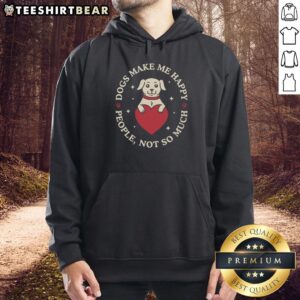 Happy person wearing a 'Good Dogs Make Me Happy' hoodie, showcasing love for dogs and cozy fashion style.