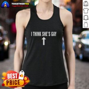Good I Think She's Gay tank top featuring a vibrant design, perfect for LGBTQ+ pride and casual summer wear.