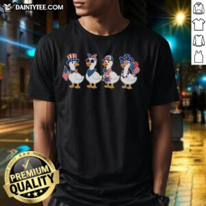 Alt Text: Cute Fourth Of July Patriotic Goose Group T-Shirt featuring adorable geese in red, white, and blue designs.