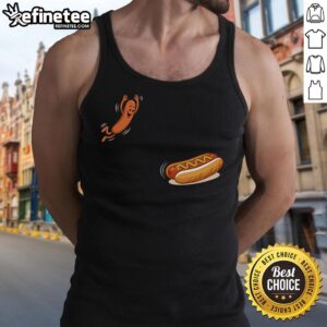 Cute cartoon hot dog jumping into a bun, wearing a BBQ tank top, perfect for summer cookouts and food fun.