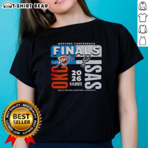 2025-26 Western Conference Finals NBA tee featuring Oklahoma City Thunder vs San Antonio Spurs design for ladies.