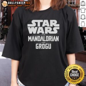 Alt Text: Official Star Wars The Mandalorian and Grogu Letter Ladies Tee featuring iconic characters in stylish design.