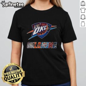 Collage of Oklahoma City Thunder NBA logo and Oklahoma sports teams on a ladies tee shirt, showcasing team spirit.