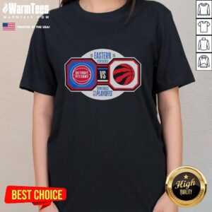 Detroit Pistons vs Toronto Raptors 2026 NBA Playoffs Eastern Conference Semifinals ladies tee showcasing team logos.