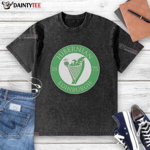 Alt Text: Vintage 1875 Hibernian FC Edinburgh Scotland logo on a washed t-shirt, perfect for football fans and collectors.