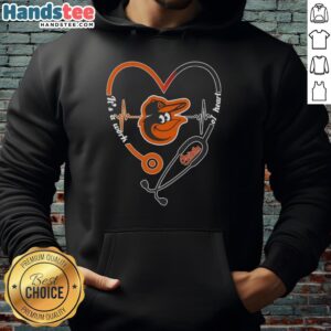 Alt Text: Official Baltimore Orioles Stethoscope Heartbeat hoodie featuring a unique heart design for sports fans.