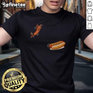 Pretty hot dog jumping into a bun on a fun BBQ T-shirt, perfect for summer cookouts and sausage lovers.