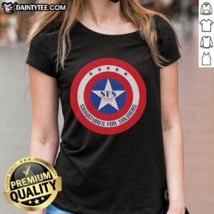 Alt Text: Premium Signatures for Soldiers SFS Captain America Shield Retro Ladies Tee featuring iconic superhero design.