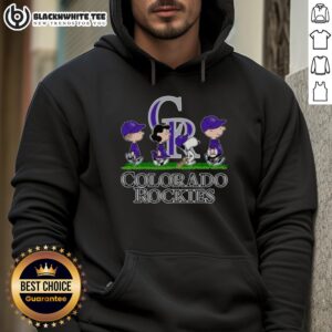 Cute Snoopy, Charlie Brown, Linus, and Lucy in Colorado Rockies baseball jerseys and hoodies, ready for game day.