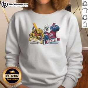 Alt Text: 2026 Western Conference Finals sweatshirt featuring Vegas Golden Knights and Colorado Avalanche hockey mascots.