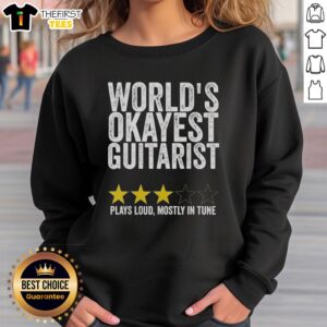 Official Worlds Okayest Guitarist sweatshirt featuring a playful design, perfect for music lovers and casual wear.