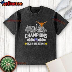 2026 SEC Softball Tournament Champions shirt featuring Texas Longhorns player name and city skyline design.