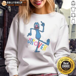 Top Sesame Street Grover Bauhaus cartoon text sweatshirt featuring vibrant colors and playful design.