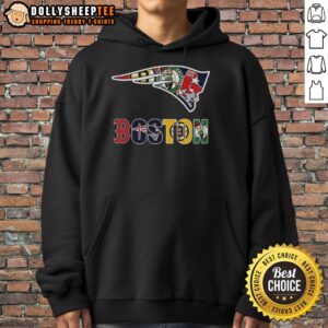 Alt Text: Hot New England Patriots NFL hoodie featuring a vibrant collage of Boston sports team logos.