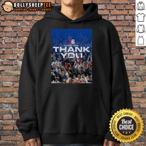 Philadelphia 76ers fans wearing a 'Thank You' hoodie, showcasing team spirit and support for their favorite basketball team.