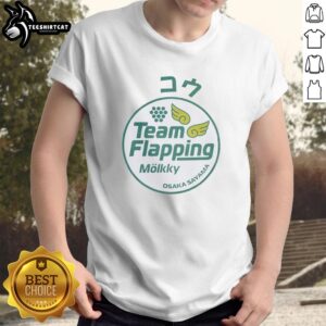 Alt Text: Pretty Kou Team flapping Molkky Osaka Sayama wings game t-shirt featuring colorful winged pins design.