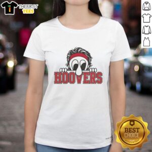 Alt Text: Premium Hoovers Peeking Character Ladies Tee with a red headband, perfect for casual and stylish outfits.