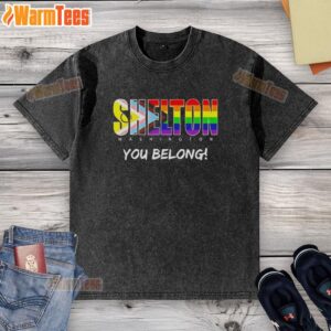 Pretty Shelton Washington You Belong rainbow washed t-shirt displayed on a wooden background, showcasing vibrant colors.