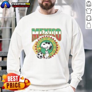 Alt Text: Top Peanuts Snoopy X Mexico soccer sweatshirt featuring iconic character in vibrant colors, perfect for fans.