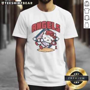 Alt Text: Cute Los Angeles Angels Hello Kitty T-Shirt featuring Hello Kitty in Angels gear, perfect for fans and collectors.