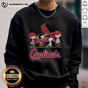 Cute Snoopy, Charlie Brown, Linus, and Lucy in St. Louis Cardinals baseball jersey sweatshirts, celebrating fandom.