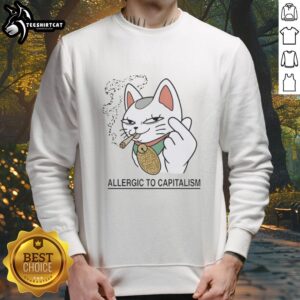 Alt Text: Nice Lucky Cat Smoking Allergic to Capitalism Sweatshirt design featuring a quirky cat illustration with playful text.