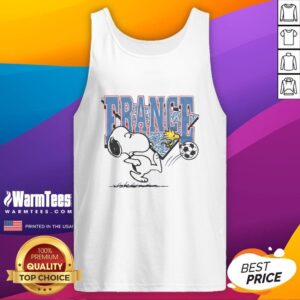 Cute Peanuts Snoopy X France Soccer Tank Top featuring Snoopy in a soccer jersey, perfect for fans of both soccer and Peanuts.