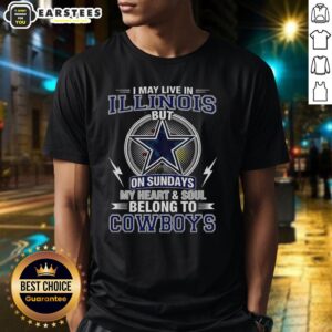 Good Dallas Cowboys NFL t-shirt with 'I May Live In Illinois, My Heart Belongs To Cowboys' slogan, showcasing team pride.
