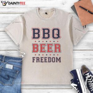 Alt Text: Original BBQ Beer Freedom Stars washed t-shirt featuring a patriotic design and a comfortable fit for casual wear.
