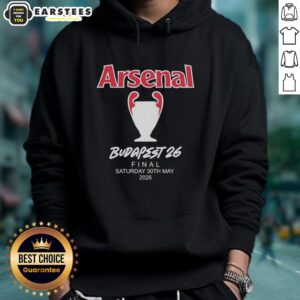 Good Arsenal FC Budapest 2026 UEFA Champions League Final hoodie featuring team colors and logo, perfect for fans.