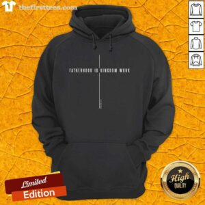 Alt Text: Christian dad wearing 'Fatherhood is Kingdom Work' hoodie for Father's Day, celebrating faith and fatherhood.