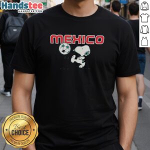 Alt Text: Cute Snoopy X Mexico Football T-Shirt featuring Snoopy in a Mexico jersey, perfect for fans of soccer and Peanuts.