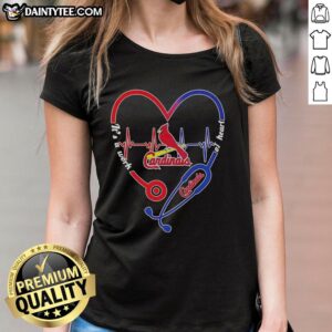 St. Louis Cardinals stethoscope heartbeat design on a ladies tee, celebrating fans with a work of heart theme.