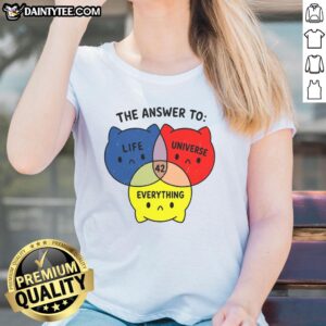 Cute ladies tee featuring 'The Answer to Everything 42' design, perfect for fans of humor and science fiction.