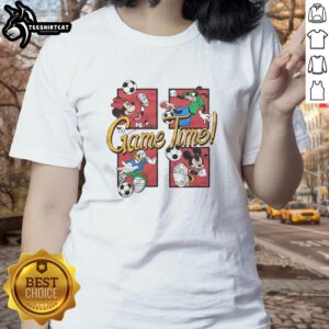 Premium Mickey and Friends Game Time Ladies Tee featuring vibrant graphics of beloved Disney characters on a stylish shirt.