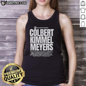 Hot USA tank top featuring Colbert, Kimmel, and Meyers, perfect for fans of late-night comedy and patriotic style.
